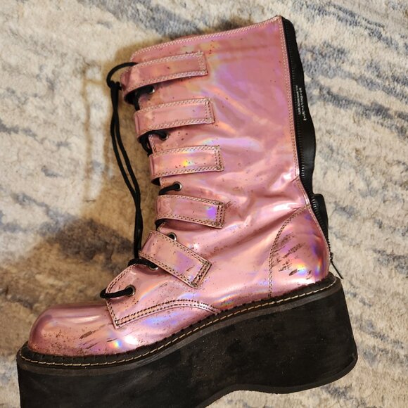 Demonia pink iridescent holographic platform combat boots size 10 - Picture 7 of 12